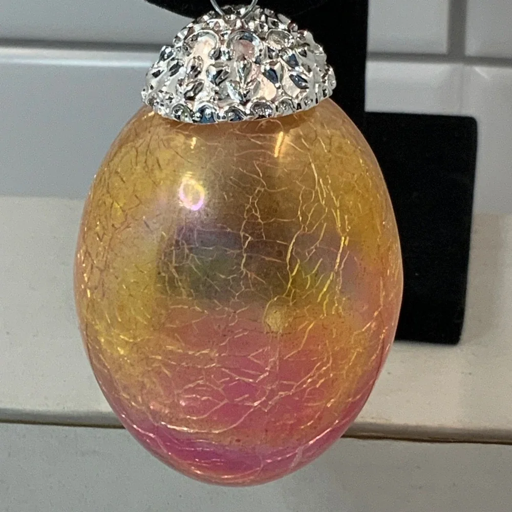 Crackle‎ Glass Egg Ornament Pink Amber Gradient Easter Spring Decor with Ribbon